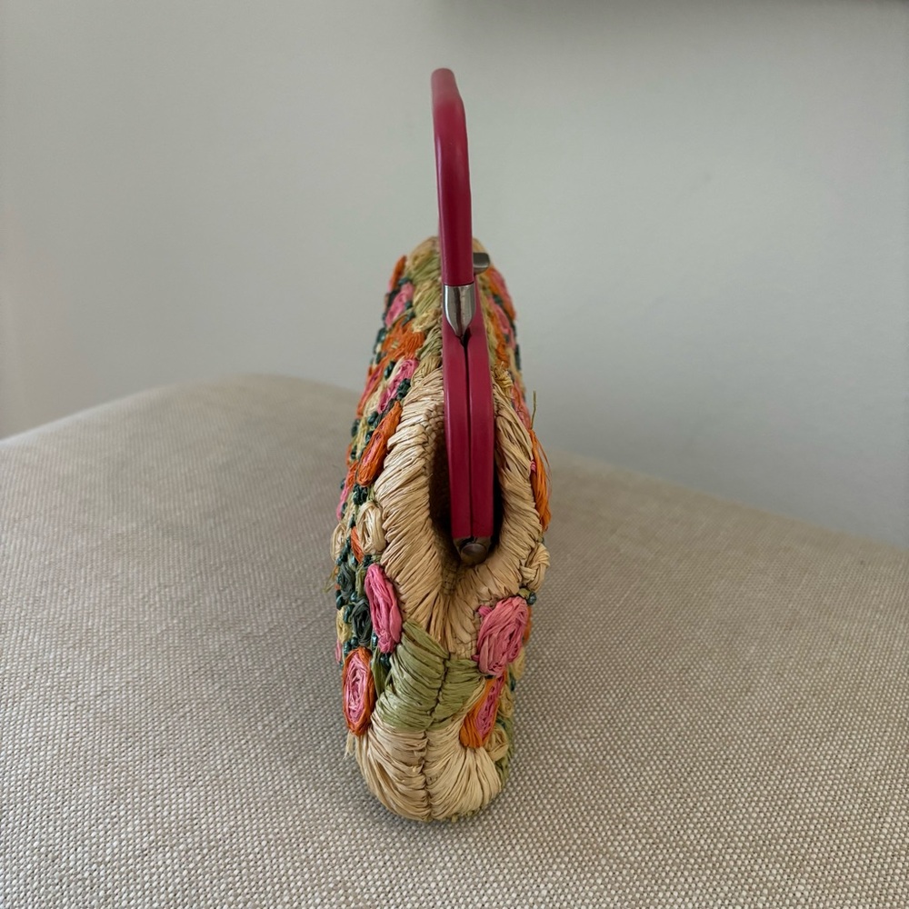 Ann Taylor Roses Raffia Clutch/Purse Vintage 1990’s Pink Orange Green Crossbody - Picture 5 of 9